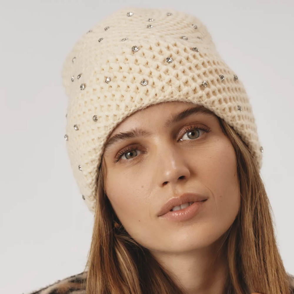Anthropologie Maeve Rhinestone Waffle Knit Beanie